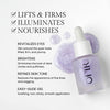 Purple dropper bottle of gel highlighting benefits: lifts and firms, illuminates, and nourishes. Features include revitalizing eyes, brightening dark circles, refining skin tone, and a non-sticky, smooth application.