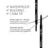 Benefits banner for Brow Trace Precision Browliner. Text highlights the product’s features: ‘Waterproof,’ ‘Buildable,’ and ‘1.7mm Tip.’ Additional descriptions include ‘Retractable Tip + Spoolie. Achieve perfect, hair-like strokes and blend for your ideal arch,’ and ‘Blendable Brows. Structuring waxes are break-resistant and create versatile, long-lasting brows.’
