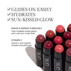 Benefits image for Brush. Text highlights product benefits: "Glides on easily" "Hydrates" "Sun-kissed glow" Text reads: "Builds & Blends flawlessly. Fresh, buildable shades glisten with a soft, lumi-matte finish" "Vitamin C. Vitamin C and nutrients revitalize and soften skin"