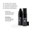 Barrier Drops Benefits image. Text highlights key benefits "SHIELDS SKIN. MOUSTIRIZING. NON-DRYING " follows by additional benefits explained "GLOW & GO: Botanical extracts hydrate for visible radiance while protecting your makeup" and "FRAGANCE FREE FINE MIST: Skin soothing ingredients shield skin's barrier from harmful blue light"