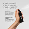 OFIR Ever Set setting spray benefits image. Text reads "Shields Skin, Moisturizing, Non-Drying. Glow & Go: Botanical extracts hydrate for visible radiance while protecting your makeup. Fragrance Free Fine Mist: Skin soothing ingredients shield skin's barrier from harmful blue light." 
