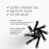 Eyeline Benefits. Text reads: "ULTRA-CREAMY GEL", "SMOOTH GLIDE", ✓"24-HR WEAR" Additional text reads "CREAMY COLOR – This smooth, highly-pigmented formula comes in sought-after shades." and "LONG-LASTING LINER – It’s smudge proof and waterproof for eye looks that last"