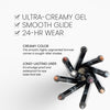 Eyeline Benefits. Text reads: "ULTRA-CREAMY GEL", "SMOOTH GLIDE", ✓"24-HR WEAR" Additional text reads "CREAMY COLOR – This smooth, highly-pigmented formula comes in sought-after shades." and "LONG-LASTING LINER – It’s smudge proof and waterproof for eye looks that last"
