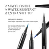 Benefits image for Brush. Text highlights product benefits: "Matte Finish" "Water Resistant" "Extra Soft Tip". Below text reads "Saturated Shades. These highly-pigmented, ultra-matte colors stay put" and "No Drag Application. The saturated ink-flow tip was designed for precise lines"