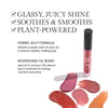 Benefits image for Hue Hydrator. Text highlights product benefits: "Glassy, juicy Shine" "Soothes & Smooths" "Plant-Based" Text reads: "Hybrid Jelly Formula. Delivers a sheer wash of color for a natural, healthy-looking pop" "Nourishing Oil Blend. Apricot & Coconut Oils drench lips in moisture for lasting comfort and shine"
