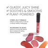 Hue Hydrator Benefits image. Text highlights key benefits "GLASSY, JUICY SHINE. SOOTHES & SMOOTHS. PLANT-POWERED" follows by additional benefits explained "HYBRID JELLY FORMULA: Delivers a sheer wash of color for a natural, healthy-looing pop" and "NOURISHING OIL BLEND: Apricot & Coconut Oils drench lips in moisture for lasting comfort and shine"