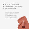 OFIR Lip Rouge in Off Pink benefits image. Text reads "Full Coverage, Ultra-Nourishing, Satin Finish. Vibrant, Hydrating Pigments: Rich, neutral shades protect lips with color that lasts. Lightweight Satin Finish: Apricot Kernel & Moringa Oil create a buttery smooth, breathable feel." 