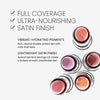 Benefits banner for Lip Rouge. Text highlights the product's features: "Full Coverage" "Ultra-Nourishing" "Satin Finish" Additional descriptions include "Vibrant, Hydrating Pigments. Rich, neutral shades protect lips with color that lasts" and "Lightweight Satin Finish. Apricot Kernel & Moringa Oil create a buttery smooth, breathable feel" 