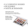 Palette featuring 12 versatile shades, combining matte and shimmer finishes, with a buildable, long-lasting pigment. Includes earthy neutrals and marbled hues designed for year-round wear and crease-free comfort.