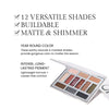 Benefits image for Eye Shadow. Text highlights product benefits: "12 Versatile Shades" "Buildable" "Matte & Shimmer" Text reads: "Year Round Color. These earthy neutrals & marbled shades provide gorgeous color no matter the season" "Intense, Long-lasting Pigment. Lightweight formula= crease-free comfort"