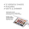 Benefits image. Highlights key benefits "12 Versatile Shades. Buildable. Matte & Shimmer" Text follows "Year round color. These earthy neutrals & marbled shades provide gorgeous color no matter the season" and "Intense, long-lasting pigment. Lightweight formula=crease-free comfort"