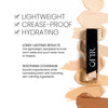 Perfected Benefits image. Text highlights key benefits 'Lightweight. Crease-Proof. Hydrating' followed by additional benefits explained "Long-Lasting Results. This lightweight, blendable formula won't settle and you'll never have to reapply" and "Soothing Coverage. Nourishing imperfections while concealing them with hydrating, skin-calming ingredients"
