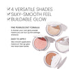 Benefits banner for Pivot Powder. Text highlights the product’s features: “4 Versatile Shades,” “Silky-Smooth Feel,” and “Buildable Glow.” Additional descriptions include “Fine Pearlescent Formula. A choose-your-own glow powder means you can turn up the wattage wherever” and “Easy to Apply. Silky smooth application means on-the-go glow has never been easier”