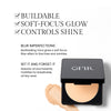 Benefits image for setting powder. Text highlights product benefits: 'Buildable' 'Soft-Touches Glow' & 'Controls Shine'. Below text reads "Blur Imperfections. Multitasking mica gives a soft focus filter effect to fine lines and wrinkles" and "Set It and Forget It. Absorbs oil and instantly mattifies for breathable all day wear"