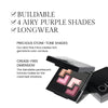 Benefits image for Eye Shadows. Text highlights product benefits: "Buildable" "4 Rustic Tones" "Longwear". Below text reads "Precious Stone-Tone Shades. Our ultra-fine mica creates rich, gemstone color combo" and "Crease-Free Dimension. This blendable pearlescent formula makes for the creamiest shadows"