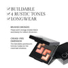 Benefits image for Eye Shadows. Text highlights product benefits: "Buildable" "4 Rustic Tones" "Longwear". Below text reads "Brushed Bronzes. These warm orange shades blend seamlessly for radiant dimension" and "Crease-Free Dimension. This blendable pearlescent formula makes for the creamiest shadows"