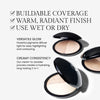 Open compacts of dual-tone powder makeup are displayed on a light background. Text highlights the product's features: "Buildable Coverage, Warm, Radiant Finish, Use Wet or Dry." Additional descriptions include "Versatile Glow: Powerful pigments diffuse light for easy highlighting and contouring," and "Creamy Consistency: Our cream-to-powder process creates a hydrating, long-lasting 2-in-1." The powders have a radiant, marbled appearance in various warm tones.