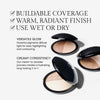 Benefits banner for Sundial. Text highlights the product's features: "Buildable Coverage" "Warm, Radiant Finish" 'Use Wet or Dry." Additional descriptions include "Versatile Glow. Powerful pigments diffuse light for easy highlighting and contouring" and "Creamy Consistency. Our cream-to-powder process creates a hydrating, long-lasting 2-in-1" 