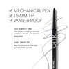 Benefits banner for The Twist . Text highlights the product’s features: “Mechanical Pen,” “1.5 mm Tip,” and “Waterproof.” Additional descriptions include “The Perfect Line. This thin but stable gel formula creates a smooth, precise line every time” and “Easy Twist Tip. Skip the sharpener, this liner is ready when you are”