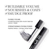 Benefits image for Brush. Text highlights product benefits: "Buildable" "Nourishing & Coats" "Smudge Proof". Below text reads "Flexible Volume. Conditioning waxes offer smooth, flake free volume + length" and "Strengthening Staying Power. Healthier follicles=stronger, thicker lashes"