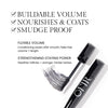 Benefits image for Brush. Text highlights product benefits: "Buildable" "Nourishing & Coats" "Smudge Proof". Below text reads "Flexible Volume. Conditioning waxes offer smooth, flake free volume + length" and "Strengthening Staying Power. Healthier follicles=stronger, thicker lashes"