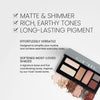 Benefits banner for Simple Six. Text highlights "MATTE & SHIMMER" "RICH, EARTHY TONES" and "LONG-LASTING PIGMENT". Additional text reads "EFFORTLESSLY VERSATILE. Designed to simplify your routine and achieve seamless everyday looks" and "SOFTENED MOST-LOVED SHADES. A signature base and five coordinating tones, inspired by our most-loved tones"