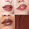 Four-panel collage featuring a glossy, rich terracotta lipstick color. Three panels show the lipstick applied on diverse lips, highlighting smooth texture and full coverage. The fourth panel displays a close-up of the lipstick product, emphasizing its creamy consistency.