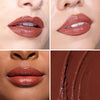 Collage showcasing a burgundy lipstick in three different models, highlighting color variations on diverse skin tones with a close-up of its creamy texture    
