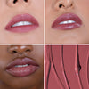 Four-panel collage showcasing lip color. Three images display diverse individuals wearing a rich mauve lipstick, highlighting different skin tones. The fourth panel shows a close-up of the creamy mauve shade texture.