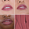 Collage showcasing a berry pink lipstick in three different models, highlighting color variations on diverse skin tones with a close-up of its creamy texture    