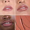 Close-up collage showcasing diverse lips wearing a nude lipstick shade with a creamy texture swatch.