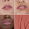 Four close-up shots displaying a neutral pink lipstick on diverse skin tones, alongside a swatch showcasing the creamy texture and finish.