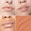 Collage showcasing three close-ups of lips wearing a creamy nude lipstick, highlighting the smooth texture and glossy finish, alongside a swatch of the same lipstick shade.