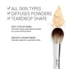 Key Benefit image for pressed powder. Text highlight "All Skin Types. Diffuse Powders. Teardrop Shape" text continues "Soft-Focus Finish. The fluffy shape softly blends powders for a pore-blurring finish" "Smooth, Vegan Fibers. One silky swipe for a seamless finish"