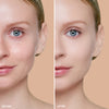 Side-by-side comparison showing a person's skin before and after using a beauty product, with the "before" side displaying redness and uneven texture and the "after" side appearing smoother and clearer.