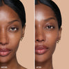 Side-by-side comparison showing a woman's face before and after using a beauty product, highlighting smoother and more radiant skin in the "after" image.