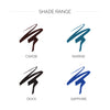 Four eyeliner shades are displayed: brown (Carob), teal (Marine), black (Onyx), and blue (Sapphire), each represented by a bold stroke of color.