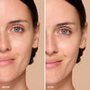 Comparison of a woman's face showing visible skin improvement; the left side indicates before use and the right side after, highlighting enhanced texture and reduced imperfections.