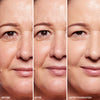 Three side-by-side images showing a woman's face with visible skin changes: the first illustrates natural skin, the second after applying skin treatment, and the third after applying foundation, highlighting improved complexion and reduced wrinkles.