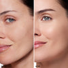 Comparison of facial skin texture, showing improvements after using a product. The left side indicates before use, featuring visible pores and uneven tone, while the right side demonstrates smoother, clearer skin and an even complexion.