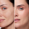 Comparison of facial complexion highlighting smoother, more even skin tone and enhanced radiance on the right side, labeled 'after,' indicating skincare product effectiveness.