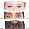 Three sets of before and after eyebrow photos labeled: ‘Match or deepen your brow shape,’ ‘Groom, define, and shape,’ and ‘Fill in sparse areas'