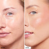 Side-by-side comparison showing a full face before and after blush application, highlighting pink/light brown-ish pigmentation and enhanced makeup in the "after" section.