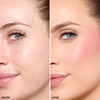 Side-by-side comparison showing a full face before and after blush application, highlighting depp magenta pigmentation and enhanced makeup in the "after" section.