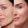 Before and after comparison showing improved skin tone and texture. The left side displays natural complexion, while the right side highlights enhanced features with a smooth, radiant finish.