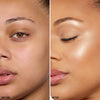 Before and after comparison showcasing skin transformation; the left side exhibits natural, unenhanced skin, while the right side displays enhanced radiance with a smooth, luminous finish.