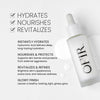 Face Milk Benefits image. Text highlights key benefits "Hydrates. Nourishes. Revitalizes" followed by additional benefits explained "Instantly Hydrates. Hyaluronic acid delivers deep, long-lasting hydration", "Nourishes & Protects. Supports skin barrier and protects from external aggressors", "Revitalizes & Refines. Brightens skin's appearance even tones, and reduces dullness" and "Glowy Finish. Leaves a healthy-looking, light, glossy glow"