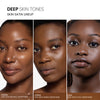 A side-by-side comparison of three models with deep skin tones. The text identifies them as: Cocoa (deep with neutral undertones), Coffee (deep with warm undertones), and Chai (deep with cool undertones). The header reads: "Deep Skin Tones Skin Satin Lineup"