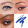 Collage showcasing a electric blue eye liner  applied on three different models, highlighting how the colors vary across diverse skin tones, with a swatch line demonstration
