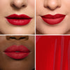Collage showcasing a red lipstick in three different models, highlighting color variations on diverse skin tones with a close-up of the product